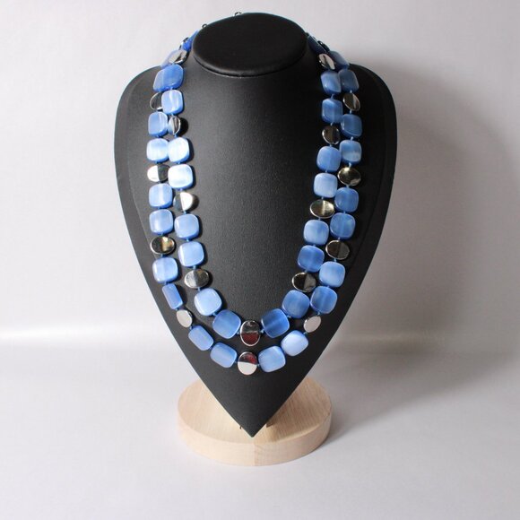 Multi-Strand Square Blue Moonstone Necklace with Silver Square Beads - Picture 4 of 5